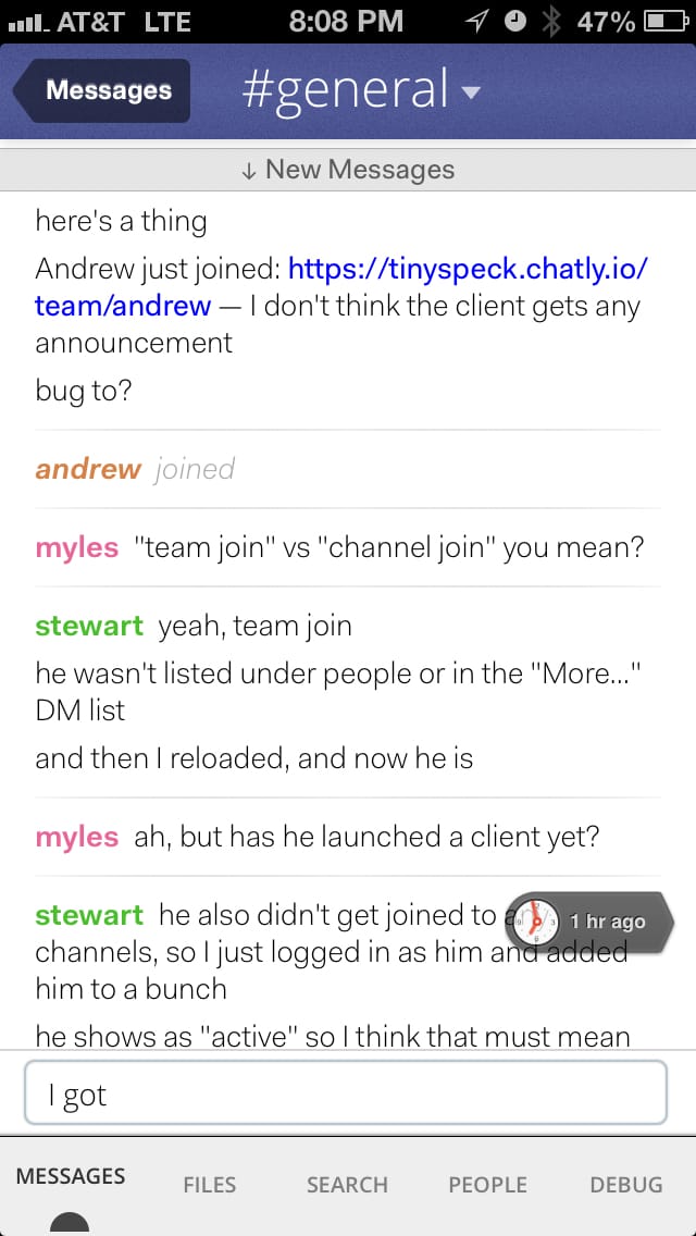 An early prototype of Slack's iOS client, showing a conversation in #general